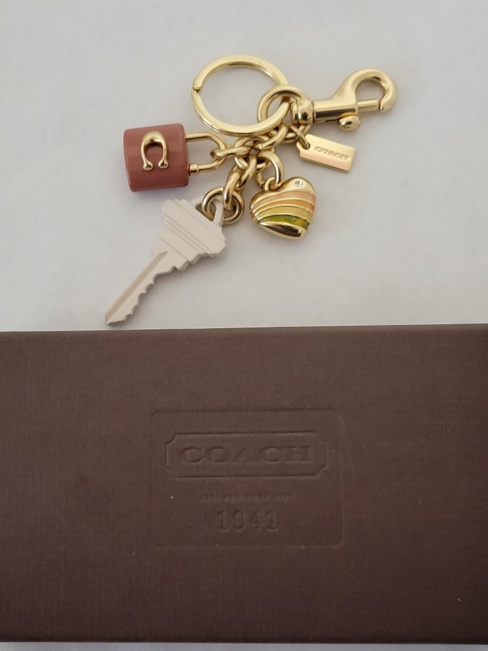 Coach Bag Charm Keychain Gold Pink White Key & Charms CP891